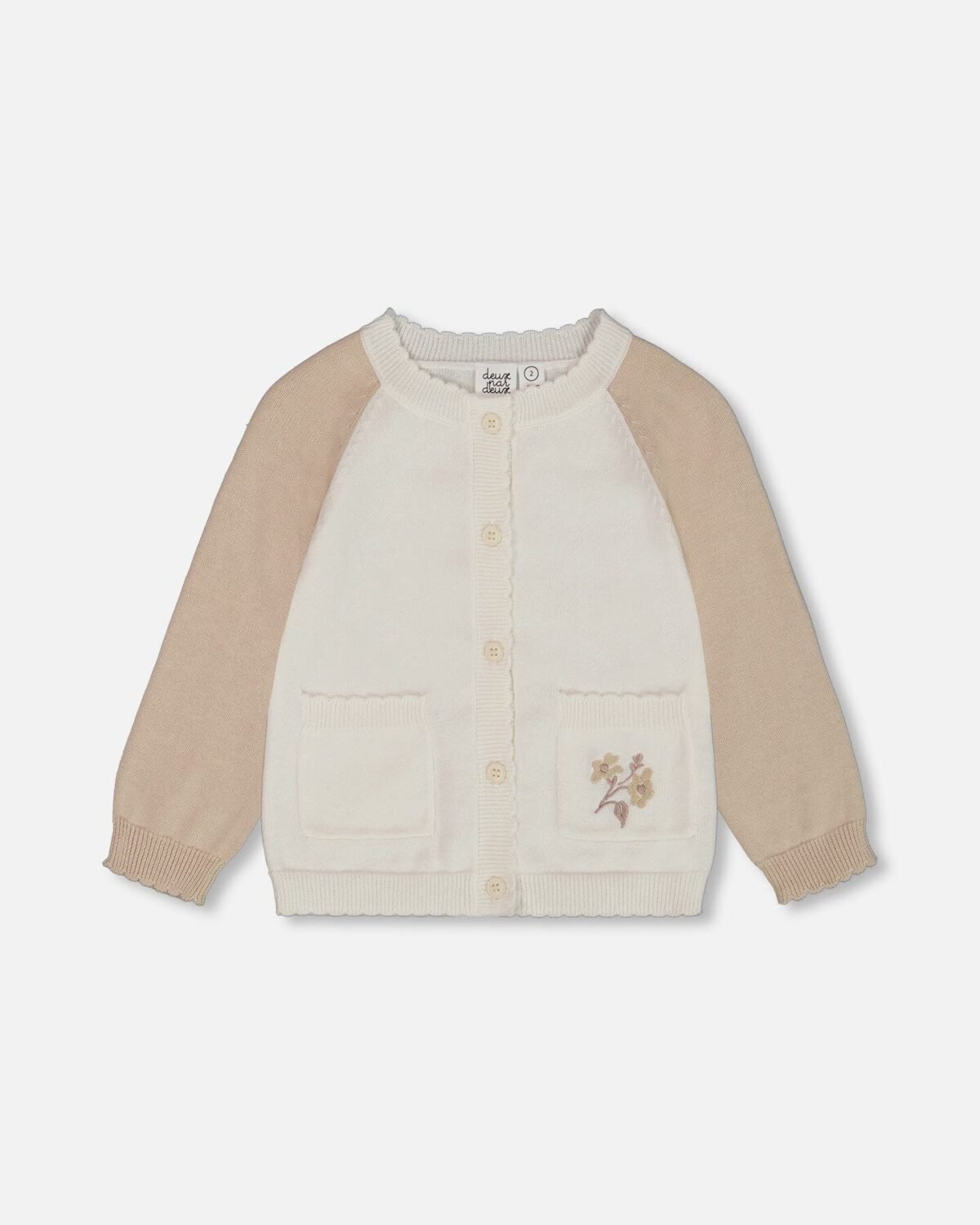 Raglan Sleeve Cardigan Sweater – Embroidered Cream and Beige Knit for Babies and Toddlers