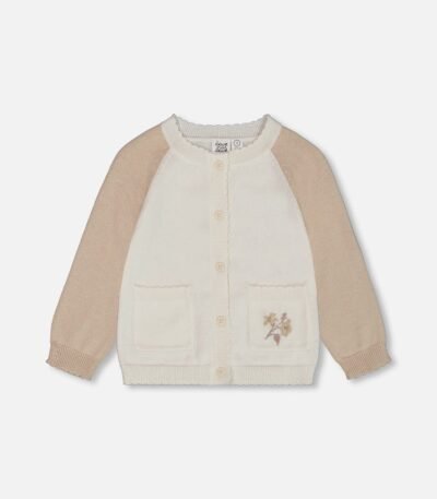 Raglan Sleeve Cardigan Sweater – Embroidered Cream and Beige Knit for Babies and Toddlers