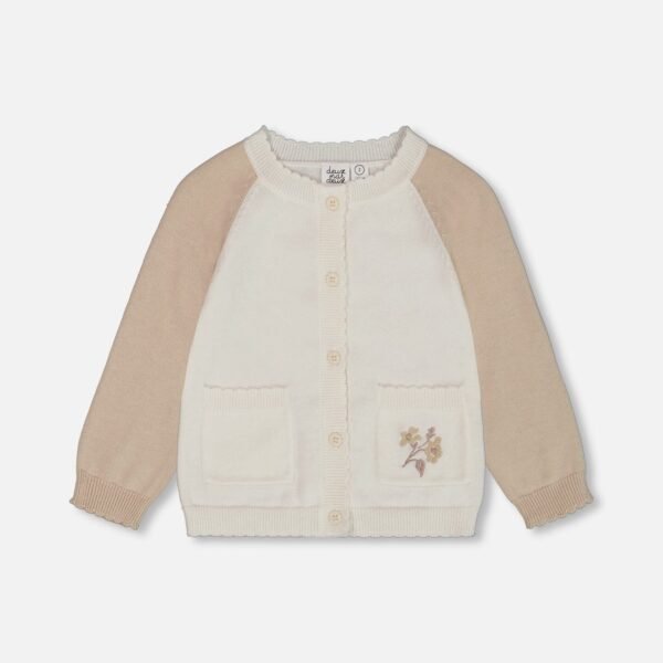Raglan Sleeve Cardigan Sweater – Embroidered Cream and Beige Knit for Babies and Toddlers