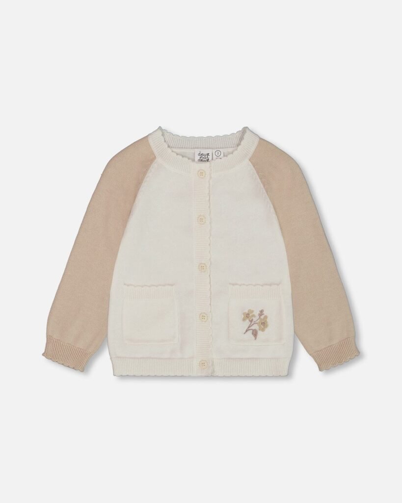 Raglan Sleeve Cardigan Sweater – Embroidered Cream and Beige Knit for Babies and Toddlers
