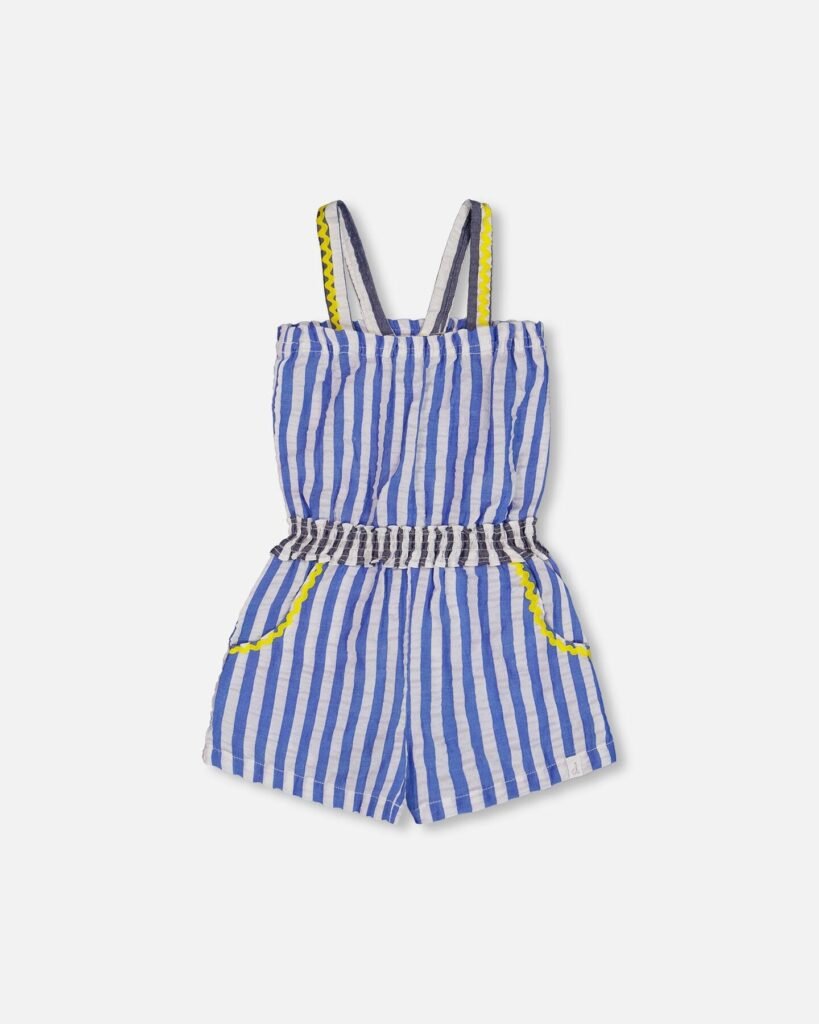 Girls Seersucker Romper – Blue and White Striped by Deux par Deux | Stylish, Breezy & Playful Summer Outfit