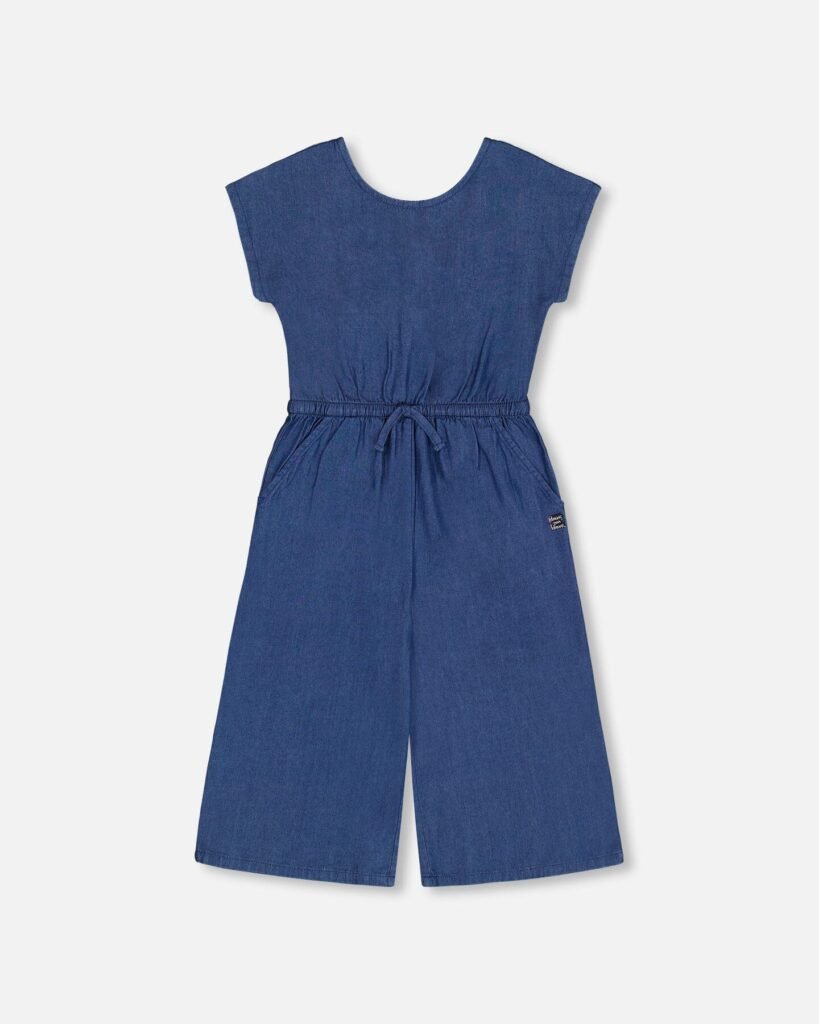 Girls Chambray Jumpsuit Navy Blue by Deux par Deux | Stylish & Lightweight Denim-Inspired One-Piece for Kids