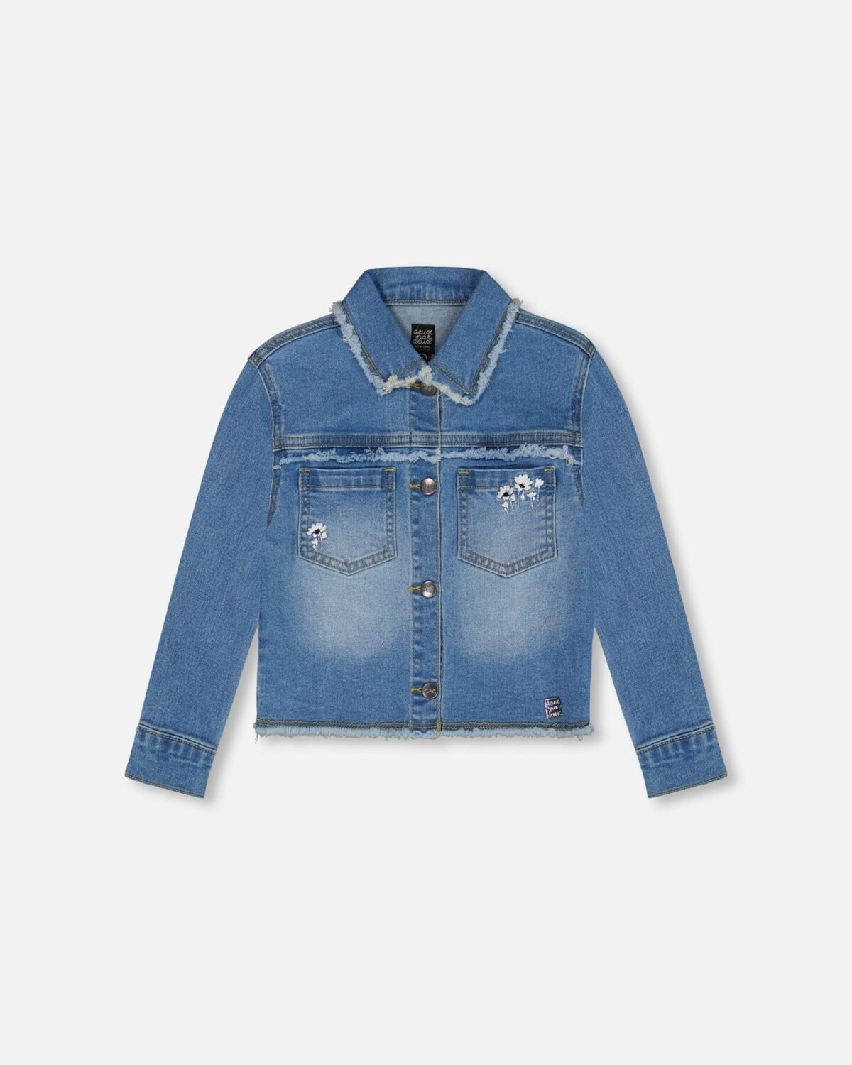Adorable Frayed Denim Jacket for Kids – Embroidered Jeans Blue with Trendy Frayed Edges