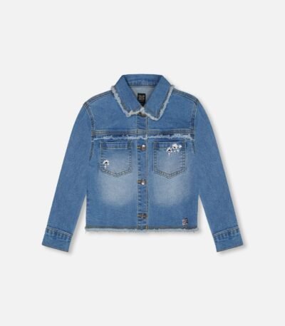 Adorable Frayed Denim Jacket for Kids – Embroidered Jeans Blue with Trendy Frayed Edges