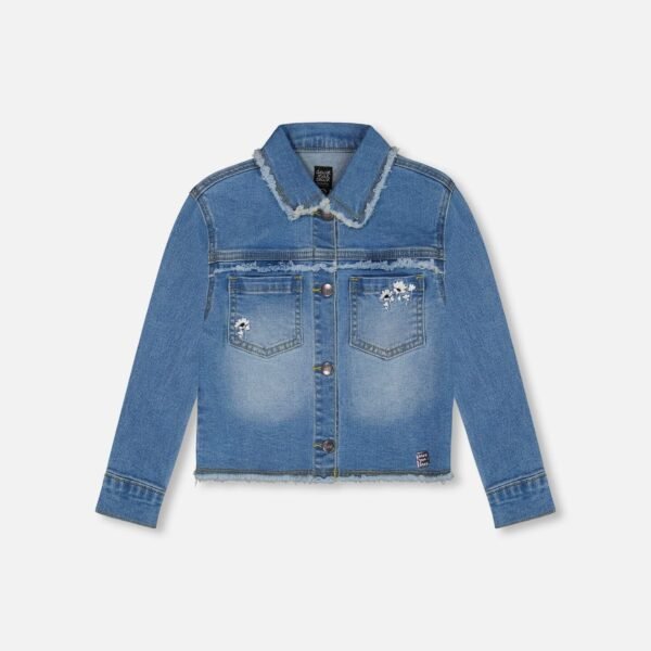 Adorable Frayed Denim Jacket for Kids – Embroidered Jeans Blue with Trendy Frayed Edges