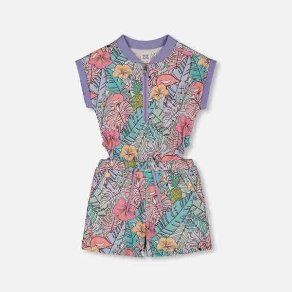 Girls French Terry Romper – Lilac Tropical & Pink Flamingos by Deux par Deux | Soft, Stylish & Fun