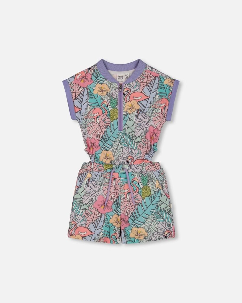 Girls French Terry Romper – Lilac Tropical & Pink Flamingos by Deux par Deux | Soft, Stylish & Fun