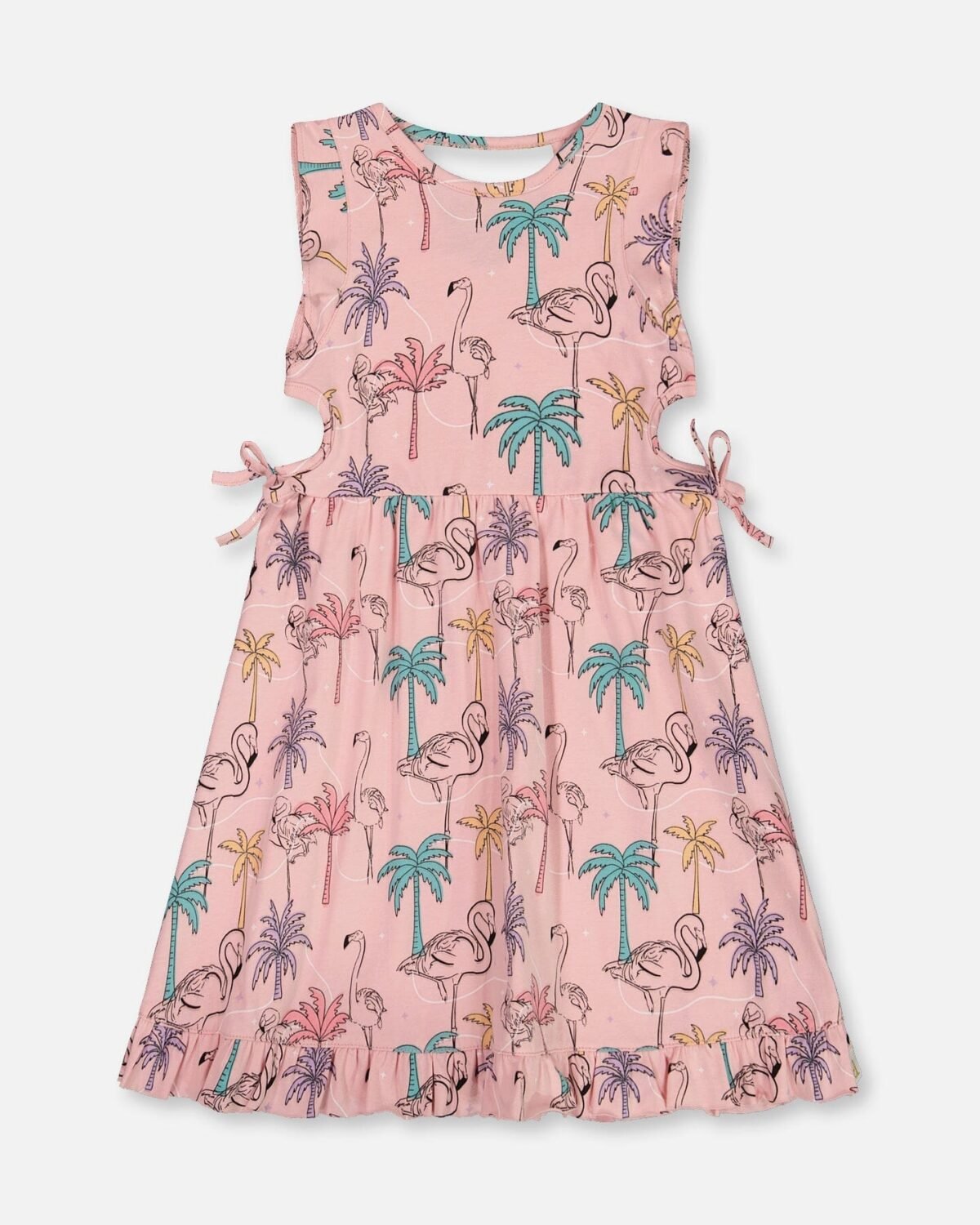 Printed Organic Cotton Dress for Girls with Cut Outs & Tropical Palm Trees, Pink Flamingo, and Turquoise by Deux par Deux | Stylish & Comfortable Kids Clothing