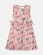 Printed Organic Cotton Dress for Girls with Cut Outs & Tropical Palm Trees, Pink Flamingo, and Turquoise by Deux par Deux | Stylish & Comfortable Kids Clothing