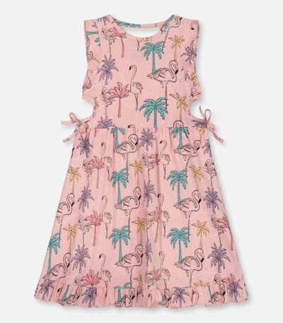 Printed Organic Cotton Dress for Girls with Cut Outs & Tropical Palm Trees, Pink Flamingo, and Turquoise by Deux par Deux | Stylish & Comfortable Kids Clothing