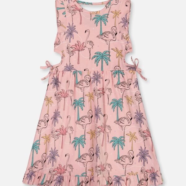 Printed Organic Cotton Dress for Girls with Cut Outs & Tropical Palm Trees, Pink Flamingo, and Turquoise by Deux par Deux | Stylish & Comfortable Kids Clothing