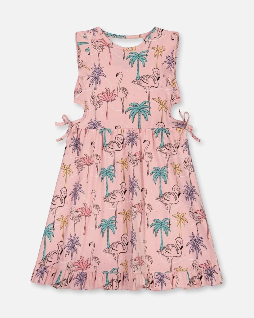 Printed Organic Cotton Dress for Girls with Cut Outs & Tropical Palm Trees, Pink Flamingo, and Turquoise by Deux par Deux | Stylish & Comfortable Kids Clothing