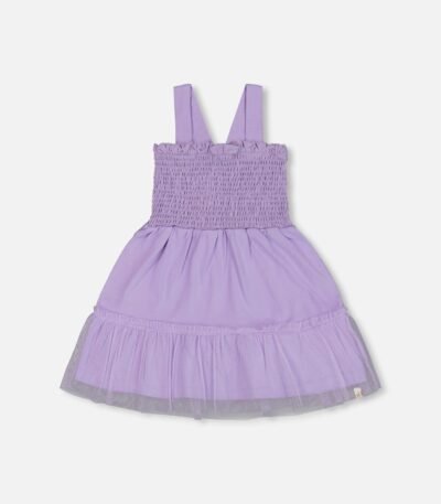 Girls Smocked Organic Cotton Dress with Mesh Frill – Lilac by Deux par Deux | Soft, Stylish & Eco-Friendly Kids Clothing