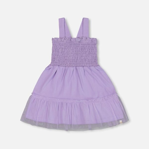 Girls Smocked Organic Cotton Dress with Mesh Frill – Lilac by Deux par Deux | Soft, Stylish & Eco-Friendly Kids Clothing