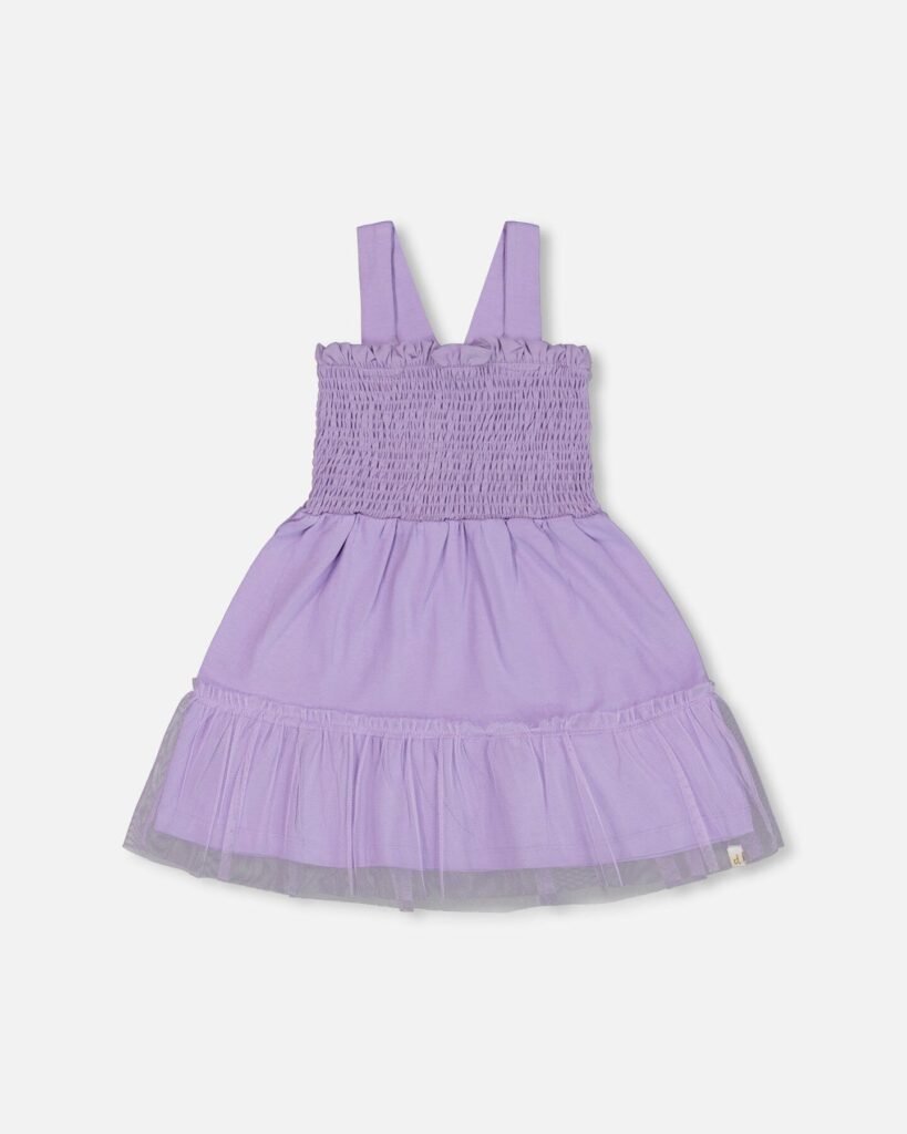 Girls Smocked Organic Cotton Dress with Mesh Frill – Lilac by Deux par Deux | Soft, Stylish & Eco-Friendly Kids Clothing