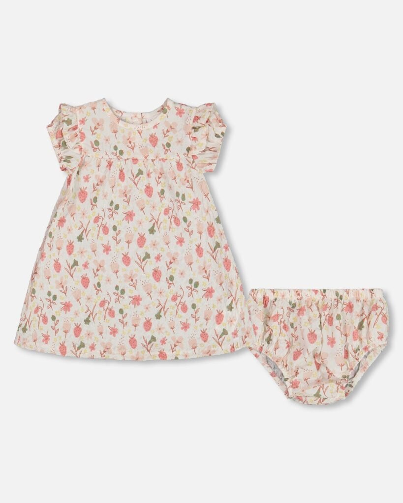 Charming Seersucker Dress and Bloomer Set for Baby Girls – Pink Floral Cream Outfit by Deux par Deux | Soft & Stylish Infant Clothing
