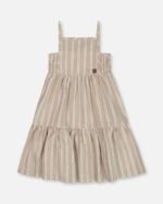 Chic Girls Sleeveless Cotton Dress – White & Sage Stripes by Deux par Deux | Lightweight & Stylish Kidswear