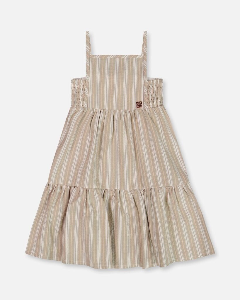 Chic Girls Sleeveless Cotton Dress – White & Sage Stripes by Deux par Deux | Lightweight & Stylish Kidswear