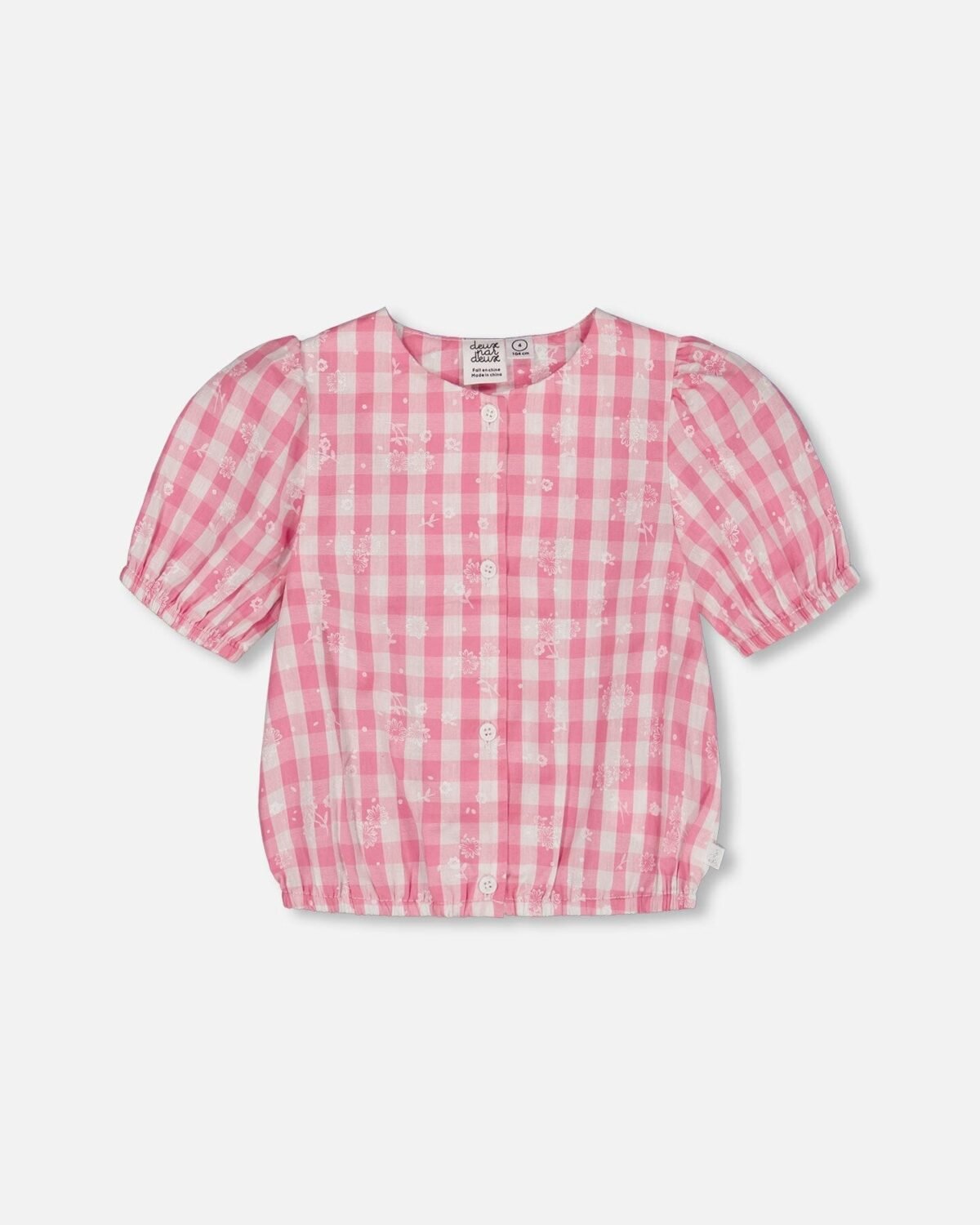 Girls Cotton Puff Sleeve Top – Pink and White Checks by Deux par Deux