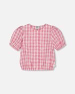 Girls Cotton Puff Sleeve Top – Pink and White Checks by Deux par Deux