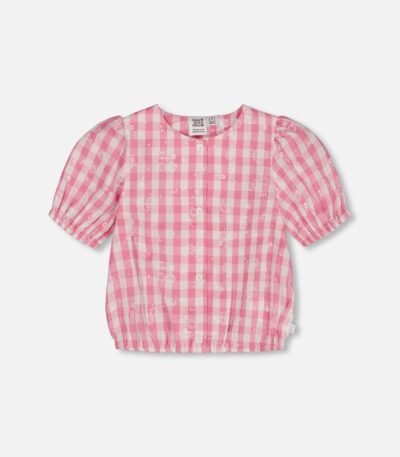 Girls Cotton Puff Sleeve Top – Pink and White Checks by Deux par Deux