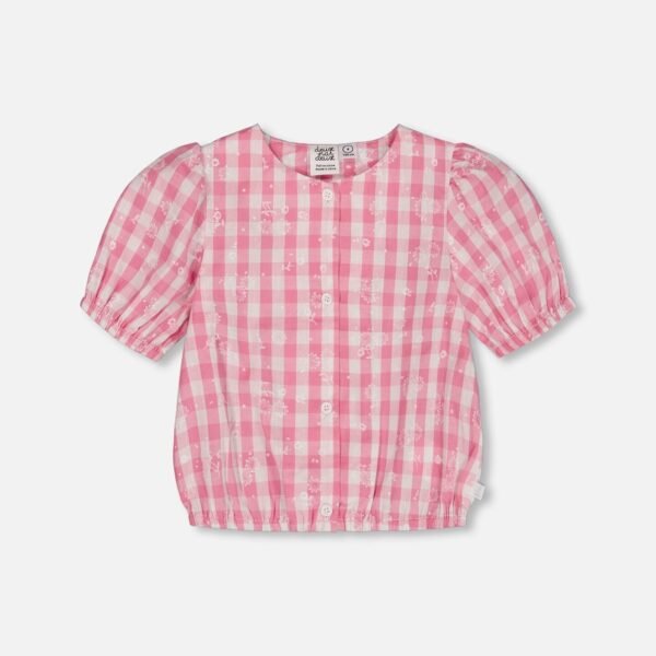 Girls Cotton Puff Sleeve Top – Pink and White Checks by Deux par Deux