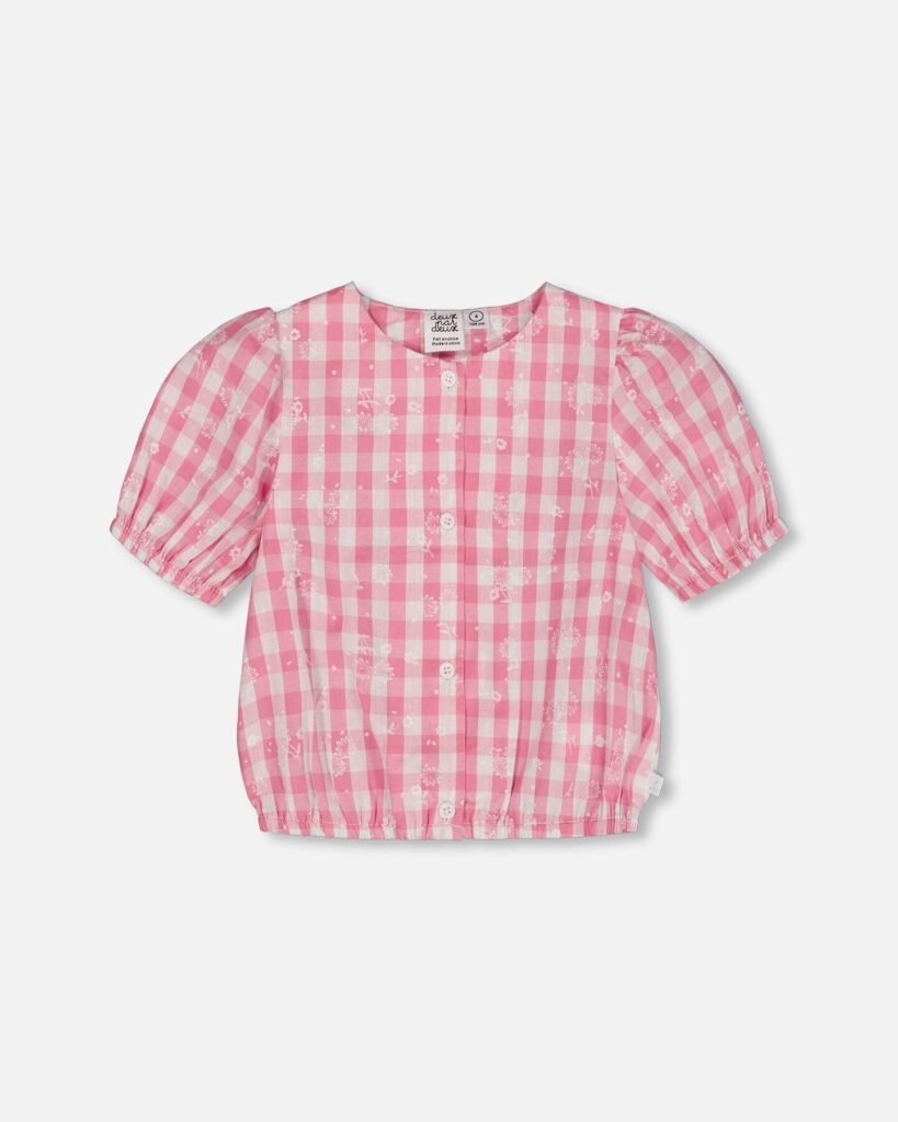 Girls Cotton Puff Sleeve Top – Pink and White Checks by Deux par Deux