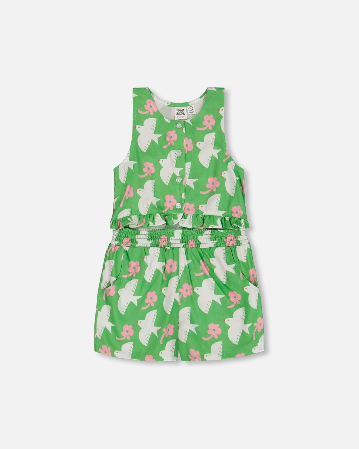 Girls Printed Romper with Frills by Deux par Deux – Vibrant Green with White and Pink Bird Print | Stylish & Comfortable Summer Romper