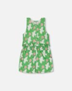 Girls Printed Romper with Frills by Deux par Deux – Vibrant Green with White and Pink Bird Print | Stylish & Comfortable Summer Romper