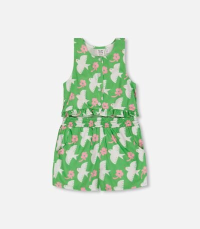 Girls Printed Romper with Frills by Deux par Deux – Vibrant Green with White and Pink Bird Print | Stylish & Comfortable Summer Romper