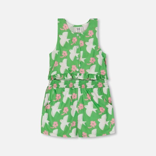 Girls Printed Romper with Frills by Deux par Deux – Vibrant Green with White and Pink Bird Print | Stylish & Comfortable Summer Romper