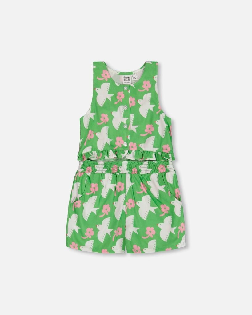 Girls Printed Romper with Frills by Deux par Deux – Vibrant Green with White and Pink Bird Print | Stylish & Comfortable Summer Romper