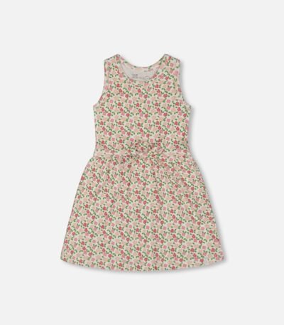 Floral Ribbed Dress for Girls – Sleeveless White Summer Dress with Waist Tie by Deux par Deux | Soft & Stylish