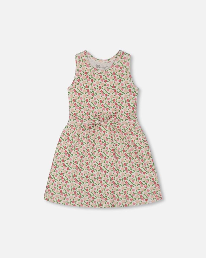 Floral Ribbed Dress for Girls – Sleeveless White Summer Dress with Waist Tie by Deux par Deux | Soft & Stylish