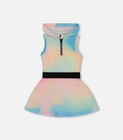 Vibrant Girls Tie Dye Hooded Dress by Deux par Deux | Soft Jersey Sleeveless Dress with Elastic Waist