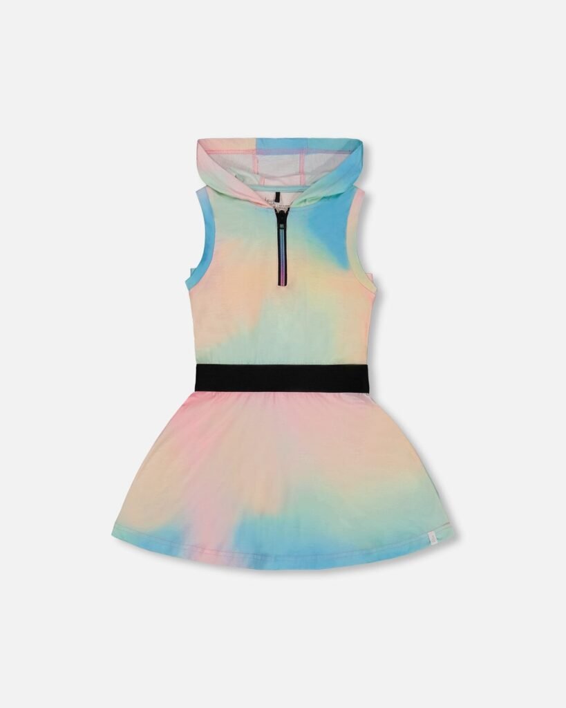 Vibrant Girls Tie Dye Hooded Dress by Deux par Deux | Soft Jersey Sleeveless Dress with Elastic Waist
