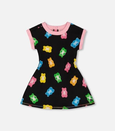 Girls French Terry Dress – Black & Multicolored Gummies by Deux par Deux | Soft, Playful & Eye-Catching Everyday Style
