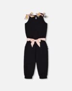 Crinkle Jumpsuit for Girls – Black and Sparkling Pink by Deux par Deux | Trendy & Comfortable One-Piece Outfit