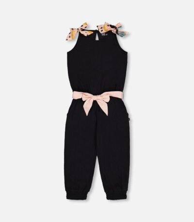 Crinkle Jumpsuit for Girls – Black and Sparkling Pink by Deux par Deux | Trendy & Comfortable One-Piece Outfit