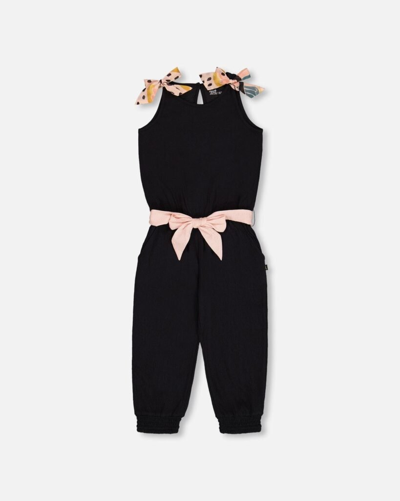 Crinkle Jumpsuit for Girls – Black and Sparkling Pink by Deux par Deux | Trendy & Comfortable One-Piece Outfit