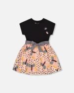 Charming Girls Bi-Material Dress with Butterfly Print – Black & Pink by Deux par Deux | Whimsical & Stylish Kids Fashion