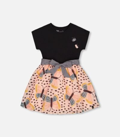 Charming Girls Bi-Material Dress with Butterfly Print – Black & Pink by Deux par Deux | Whimsical & Stylish Kids Fashion