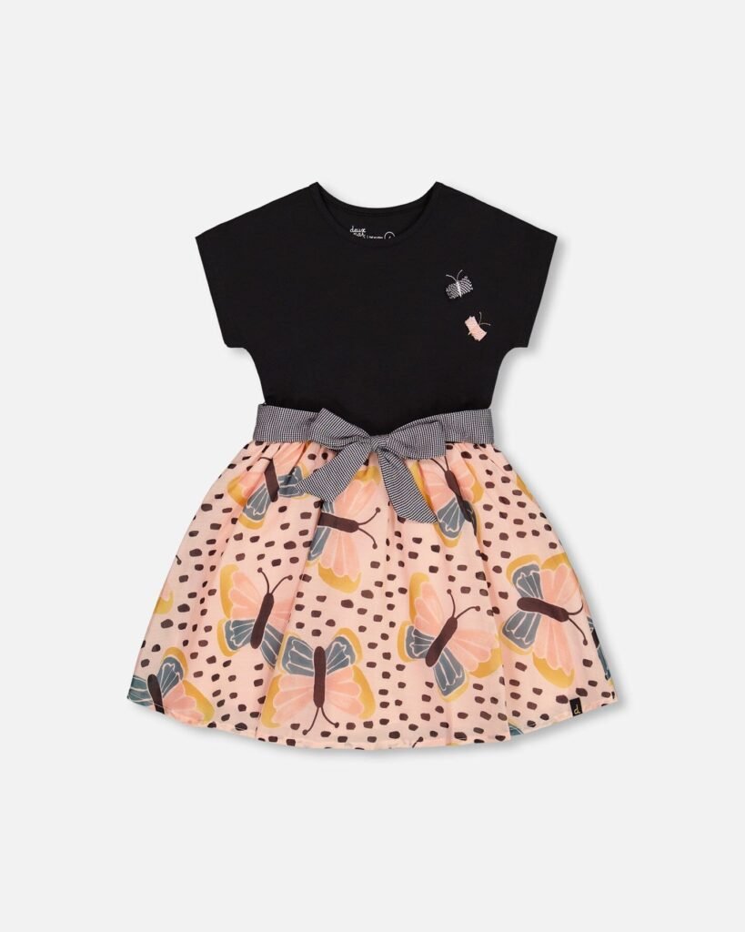 Charming Girls Bi-Material Dress with Butterfly Print – Black & Pink by Deux par Deux | Whimsical & Stylish Kids Fashion