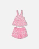 Adorable Tank Top and Shorts Set for Girls – Vibrant Pink and White Floral Print by Deux par Deux | Stylish & Comfortable Summer Outfit