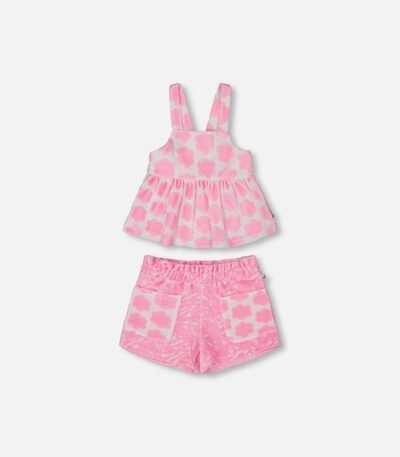 Adorable Tank Top and Shorts Set for Girls – Vibrant Pink and White Floral Print by Deux par Deux | Stylish & Comfortable Summer Outfit