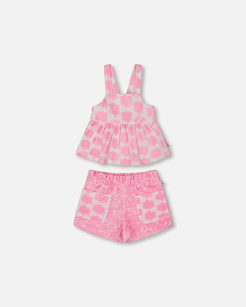 Adorable Tank Top and Shorts Set for Girls – Vibrant Pink and White Floral Print by Deux par Deux | Stylish & Comfortable Summer Outfit