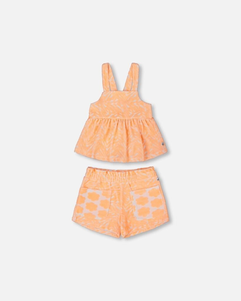 Girls Terry Tank Top and Shorts Set – Vibrant Orange & White by Deux par Deux | Soft, Stylish & Playful Summer Outfit