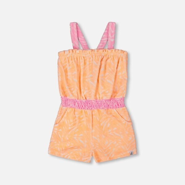 Vibrant Girls Terry Cloth Romper – Orange & White Print by Deux par Deux | Soft, Playful, Comfortable Summer Outfit