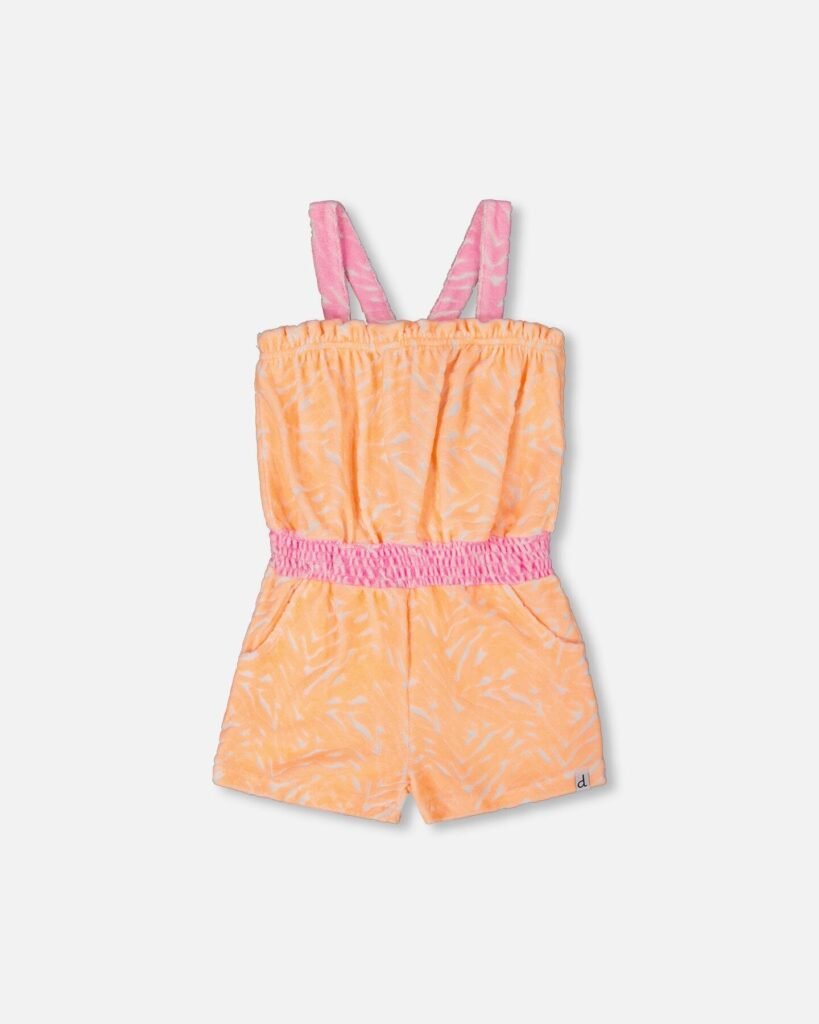 Vibrant Girls Terry Cloth Romper – Orange & White Print by Deux par Deux | Soft, Playful, Comfortable Summer Outfit