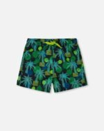 Stylish Swim Trunks for Boys – Green Jungle Print on Black by Deux par Deux | Comfortable & UV Protected for Summer Fun
